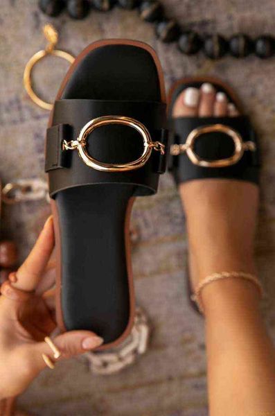 

2021women summer new circle metal buckle wild fashion outdoor beac home durable leather sandals ms slippers y220719, Black