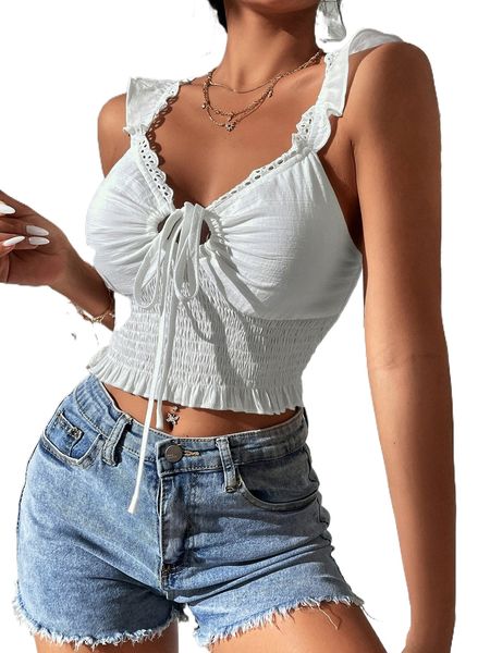 

contrast eyelet embroidery knot front shirred ruffle trim crop k0tu#, White