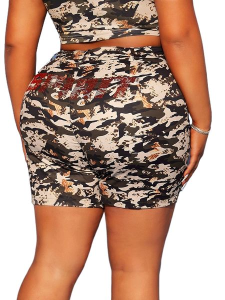 

sxy plus camo print rhinestone letter pattern shorts h63w#, Black