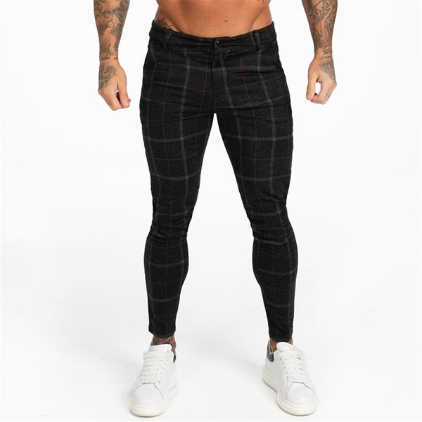 

gingtto men skinny chino pants autumn winter black plaid pants skinny pant men high waist drop zm383 201126