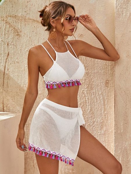 

tassel trim crochet cover up set k5yt#, White;black