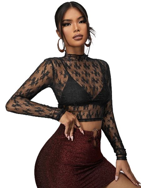 

sxy mock neck embroidery mesh sheer crop without bra y2jf#, White