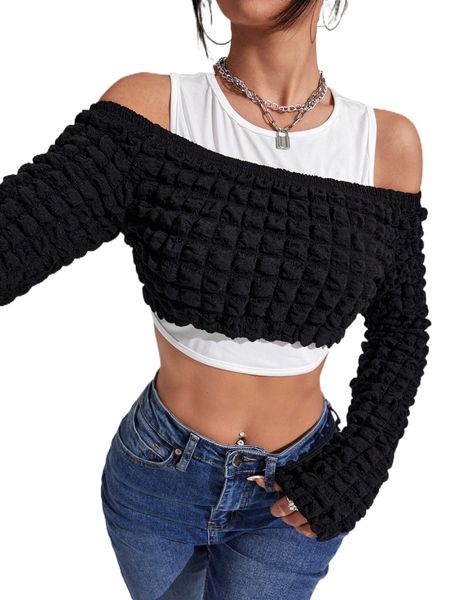 

colorblock cold shoulder crop p7hb#, White