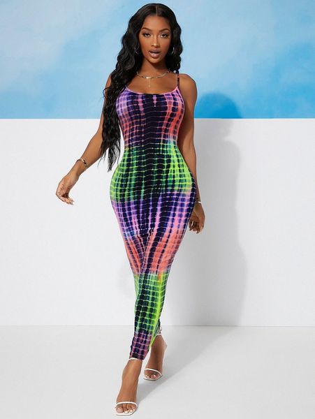 

sxy color block tie dye cami bodycon dress t9m4#, Black;gray