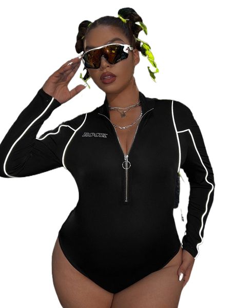 

plus contrast reflective piping half zip bodysuit a3bx#, Black
