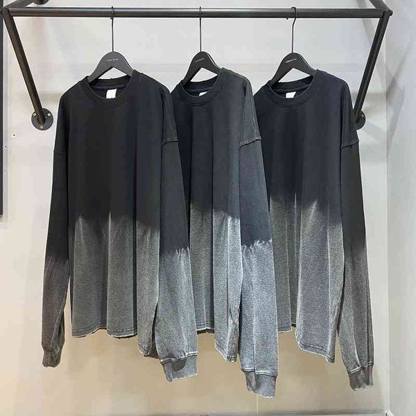 

men's t-shirts high street ins autumn wash old half body spray dyed contrast long sleeved t-shirt gradient hip hop bottomed shirt men j, White;black