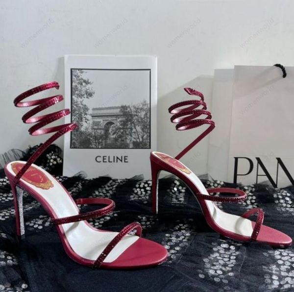 

rene caovilla cleo open toe sandals crystal embellished spiral snake tail sandals twining rhinestone sandal women maroon stiletto heels shoe, Black
