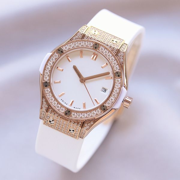

ladies watch mechanical self-winding movement sapphire surface rubber strap stainless steel case ceramic dial surface diameter 33 thickness, Slivery;golden