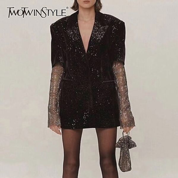 

twotyle patchwork diamonds elegant womens coats notched long sleeve perspective coat female autumn fashion y200101, Black;brown