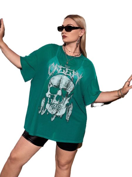 

plus skeleton print sheer tee 83cv#, Black