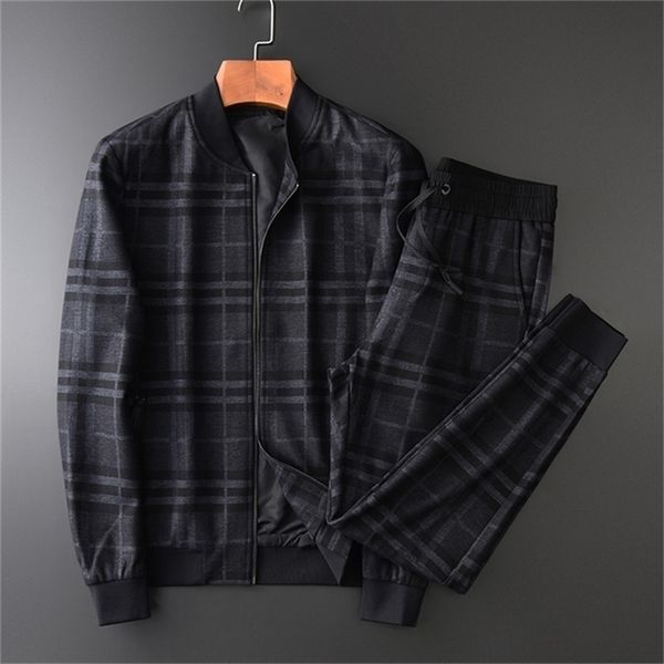 

minglu mens set jacketspants luxury thick yarn dyed plaid stand collar man coats plus size 4xl elastic waist male pants 201210, Gray