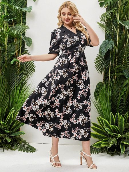 

plus floral print puff sleeve dress i5ly#, Black