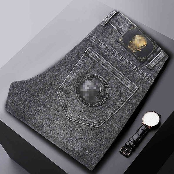

men's jeans autumn men's jeans cotton korean version thick stretch small foot slim fit brand medusa embroidery hljk, Blue