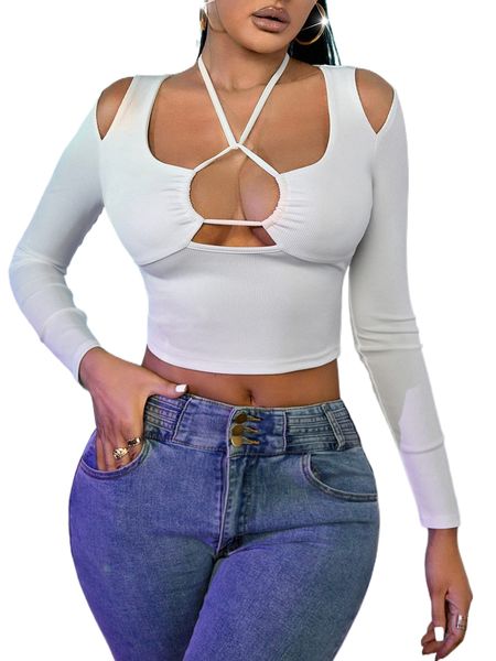 

sxy cold shoulder tie back crop 80be#, White