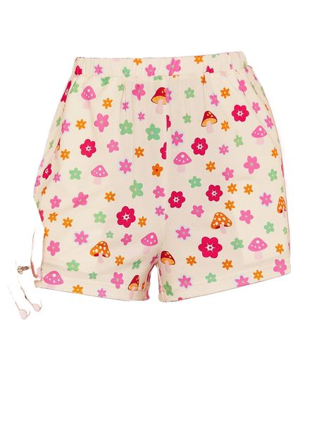 

mushroom & floral print shorts 54tk#, White;black