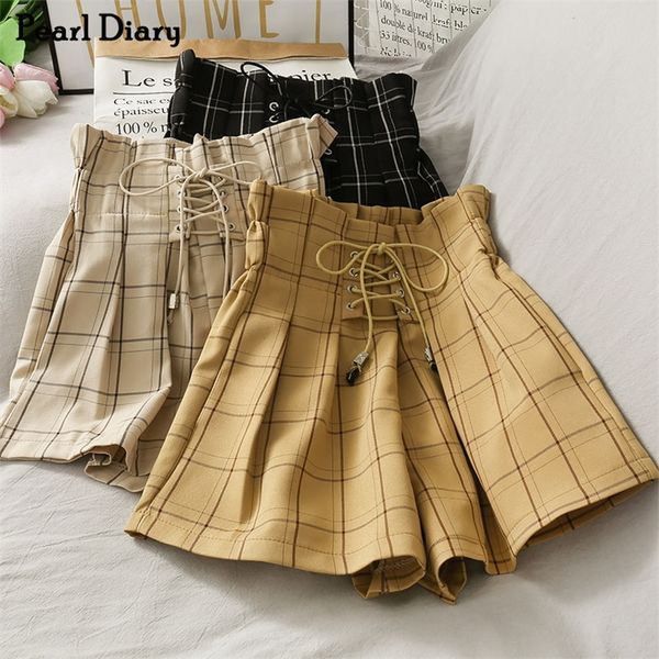 

pearl diary women plaid shorts high waist short pant with lace up front female summer street glamorous casual 220509, White;black