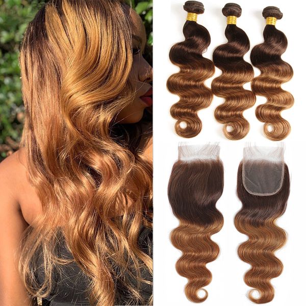 

t4/30 2 tone ombre brown color human hair bundles with 4x4 lace closure straight body wave 3 bundles 100% unprocessed indian vrigin remy hai, Black;brown