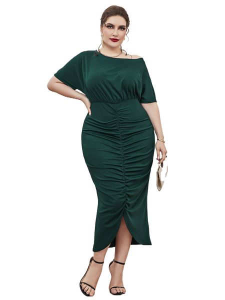 

plus asymmetrical neck ruched split hem dress n8jq#, Black