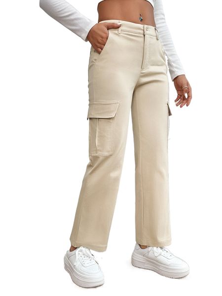 

petite high waist flap pocket side cargo pants y8zg#, Black;white