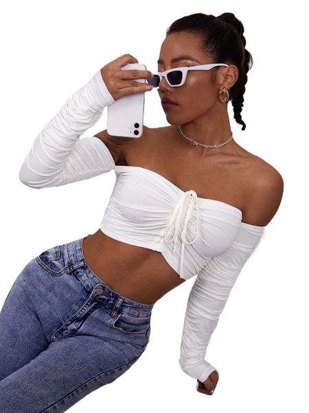 

ruched drawstring off-the-shoulder crop z9be#, White