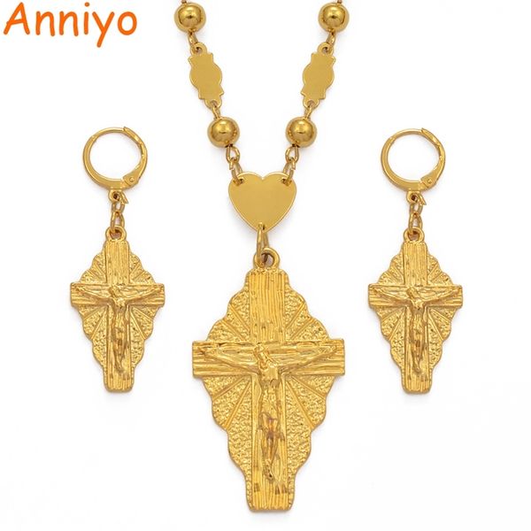 

anniyo hawaii jesus jewelry set cross pendant necklaces earrings women girls gold color guam micronesia chuuk pohnpei #212306 201222, Slivery;crystal