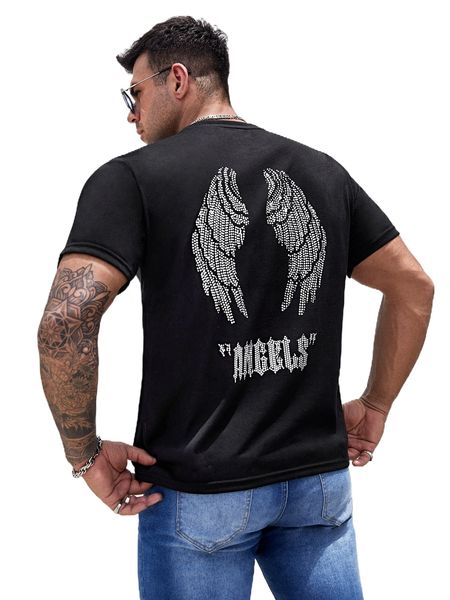 

extended sizes men wing & letter rhinestone tee p5d6#, White;black