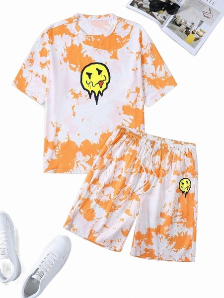 

men tie dye cartoon graphic tee & shorts 91dl#, Gray