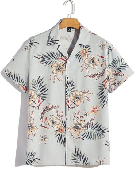 

men tropical print lapel collar shirt l8fl#, White;black