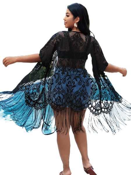 

plus fringe trim lace kimono s9hi#, Black;gray