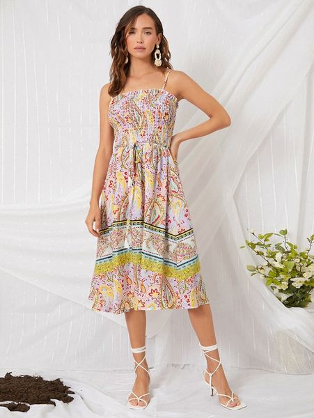 

paisley print shirred knot front dress l1xf#, Black;gray