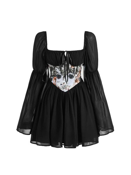 

mod cat print ruched bust knotted front flounce sleeve dress q4eh#, Black;gray