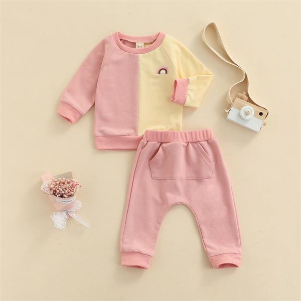 Kleidungssets Born Outfits Baby Mädchen Farbblock Regenbogenmuster Langarm Rundhals Sweatshirt + Feste Hose 2 Stück für 0-18 Monate