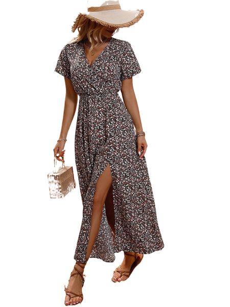 

ditsy floral split thigh dress x9in#, Black;gray