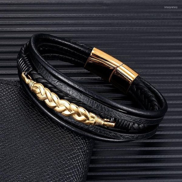 Bracelets de charme Twist Twist Metal Bracelet Men Mulheres Multilayer Braid Leather Genuine com aço inoxidável BuckleCharm Inte22