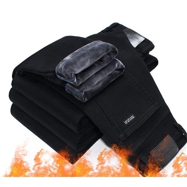 

men fashion winter jeans men black color slim fit stretch thick velvet pants warm jeans casual fleece trousers male 201128, Blue