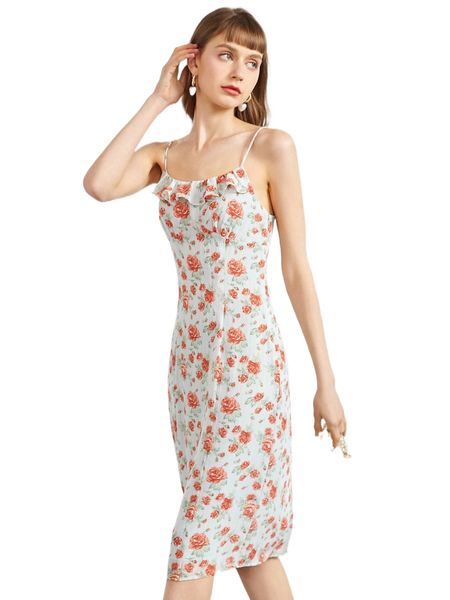 

floral print ruffle trim cami dress v9dv#, Black;gray