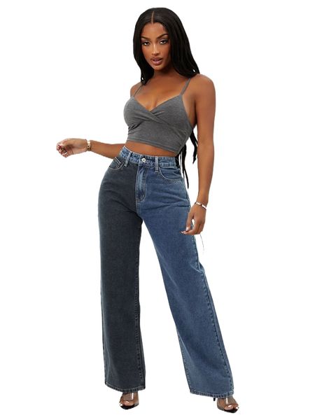 

sxy high waist wide leg spliced jeans b87r#, Blue
