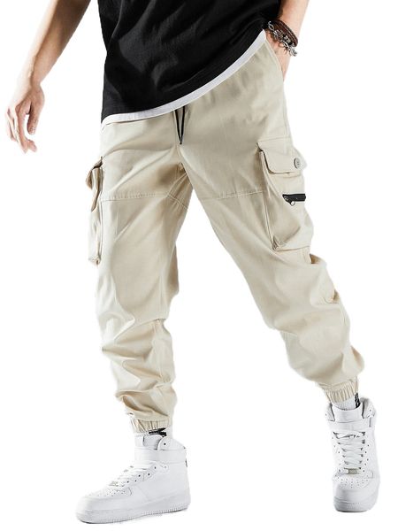 

men flap pocket side drawstring waist cargo pants h6pm#, Black