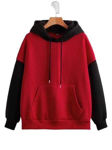 

colorblock drawstring pocket hoodie x4n9#, Black