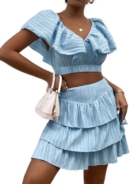 

ruffle trim crop & layered hem skirt b7uf#, White