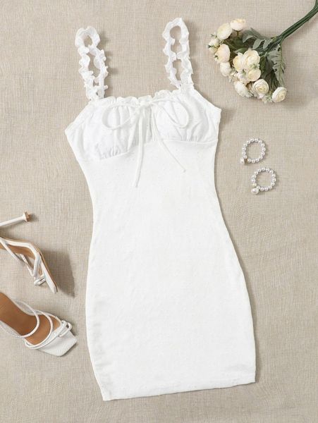 

frill trim strap knot front ruched bust eyelet dress f53i#, Black;gray