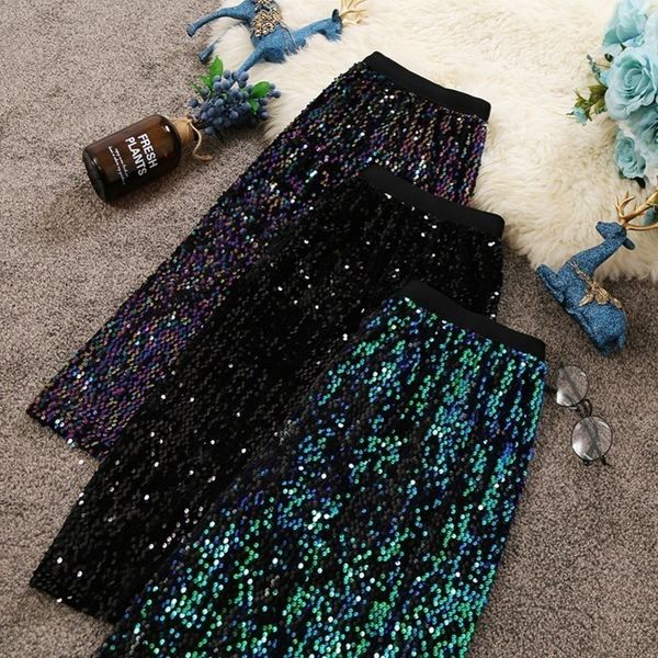 

hisuma spring autumn womens sequines shiny package hip skirts female high waist vintage bling pencil skirt y200326, Black