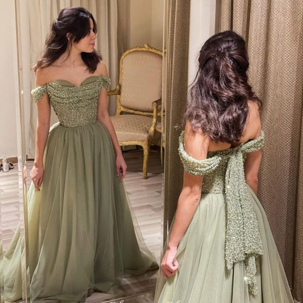 Sálvia fora dos vestidos de noite do ombro de miçangas de uma linha de vestido formal Tulle Skirt Arabic Ladies Prom Dress 2022