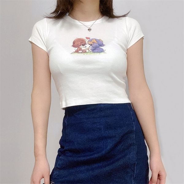

women cartoon puppy print crop tee short sleeved fit crop t-shirt 210311, White