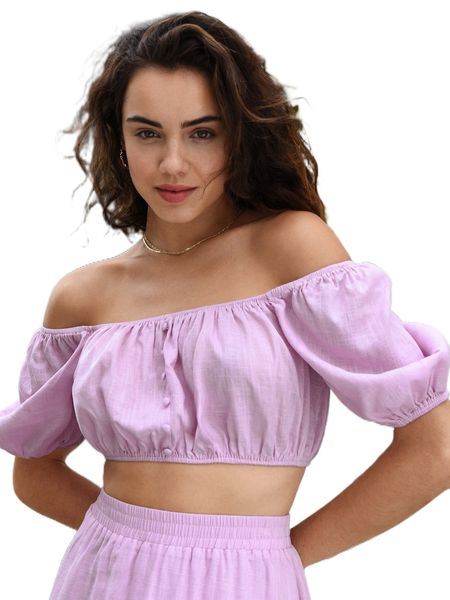 

off shoulder puff sleeve crop blouse k3ki#, White