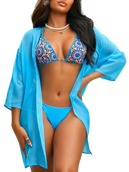 

drop shoulder open front sheer kimono without bikini set p1rg#, White;black