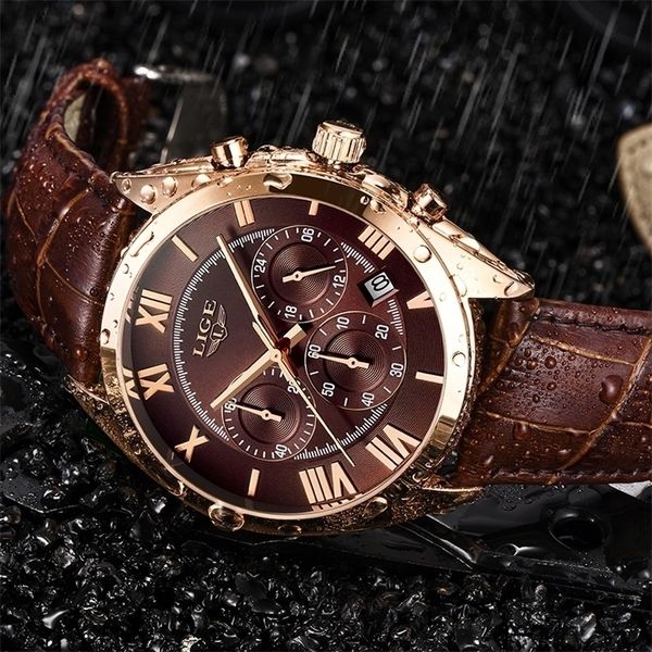 

lige watch for men brand luxury waterproof 24 hour date quartz clock brown leather sports wristwatch relogio masculino 220530, Slivery;brown