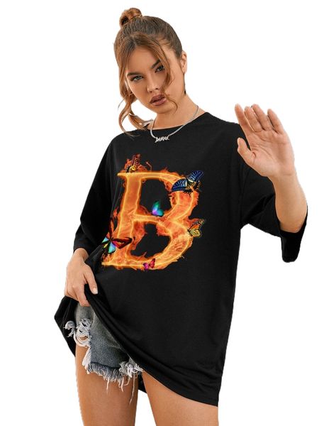 

letter and butterfly print drop shoulder tee w6bm#, White
