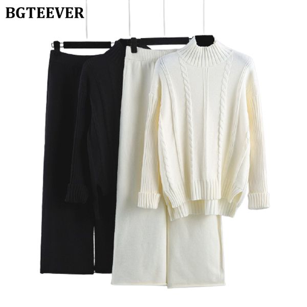 

fashion loose women 2 pieces knitted set half turtleneck pullovers &amp wide leg pants autumn winter ladies sweater set, White;black