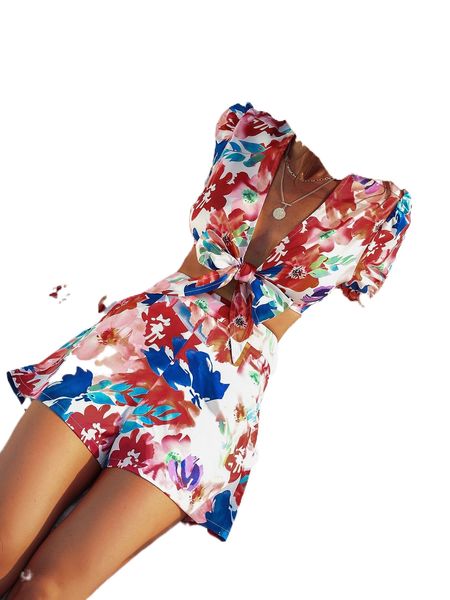 

floral print tie front & shorts n7bo#, White